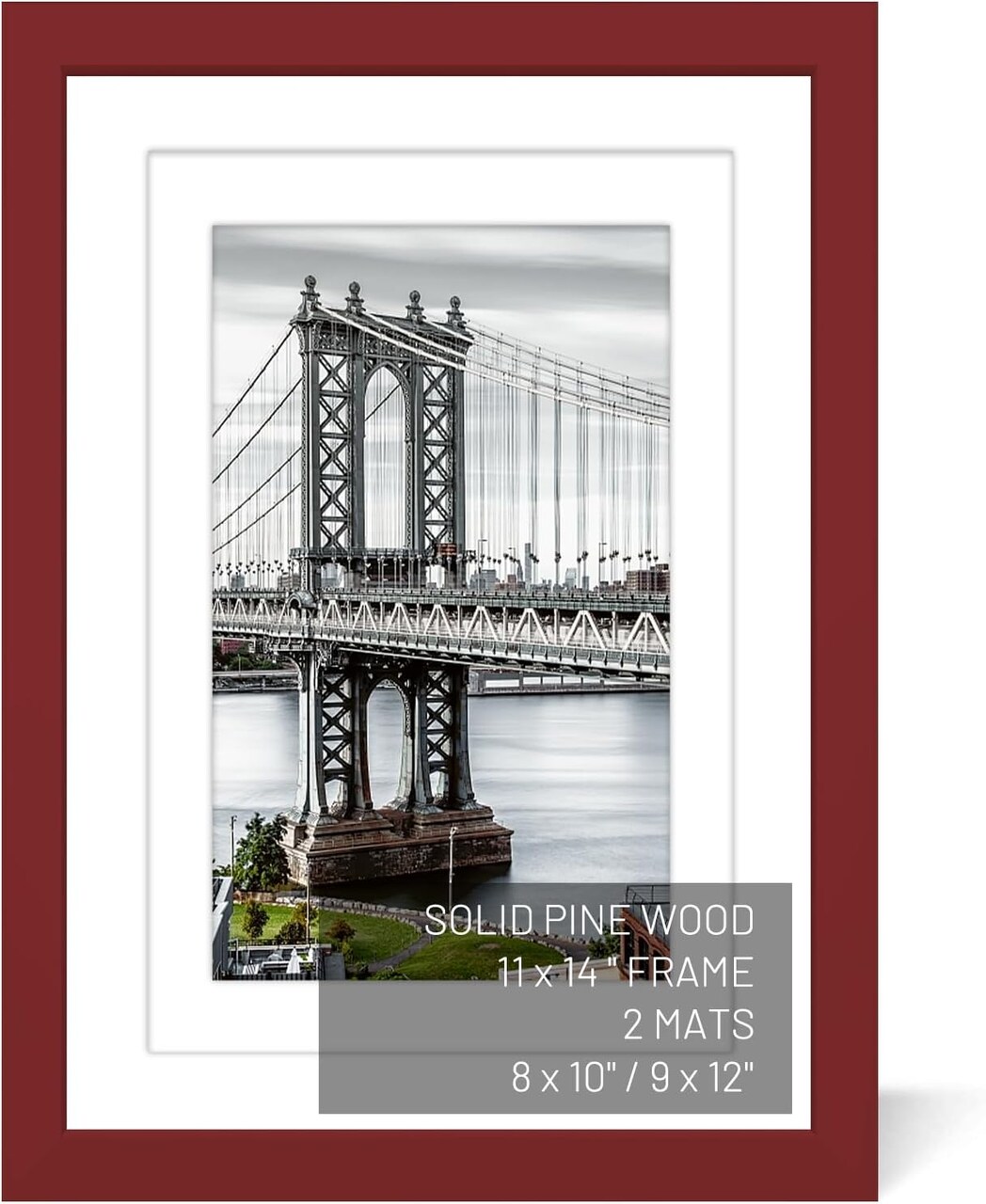 11x14 Picture Frames Solid Wood Display Pictures 9x12 or 8x10 with Mat or 11x14 Frame without Mat Poster Photo Frame Art with 2 Mats for Wall Mounting or Table Top(Red)